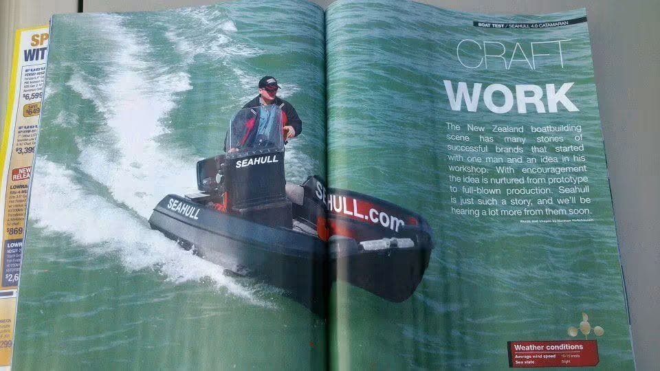 Trade-A-Boat magazine boat test of the Seahull 4.0 Catamaran, titled Craft Work