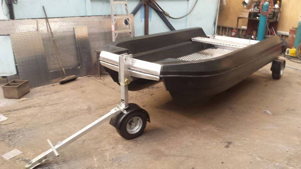 Seahull Wheely Boat with its own wheels and tow bar in the workshop